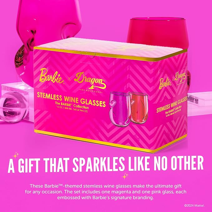 Dragon Glassware x Barbie Stemless Wine Glasses, 16 oz Set of 2 | Pink & Magenta Wine Glasses; Stemless Design with Finger Indentations; Aerates Naturally; Official Barbie Merch
