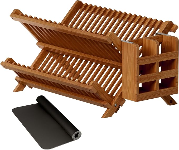 Greenual Teak Dish Drying Rack with Utensil Holder, 2 Tier Collapsible Dish Rack, Wooden Dish Racks for Kitchen Counter, Folding Drying Holder with Absorbent Dish Drying Mat