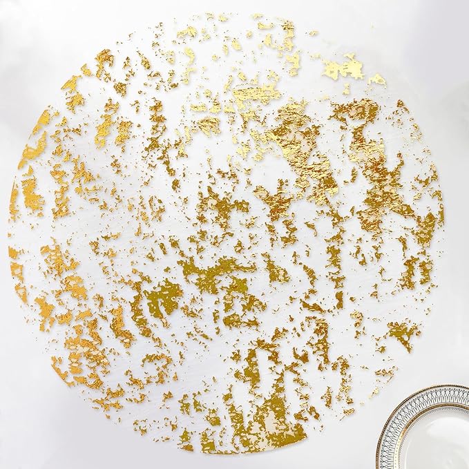 Disposable Gold Placemats Set of 24 Metallic Thin Round 13 Inch Gold Doilies Mesh Pressed Fall Table Placemates 24 Pack Gold Charger Plates for Wedding, Birthday Party