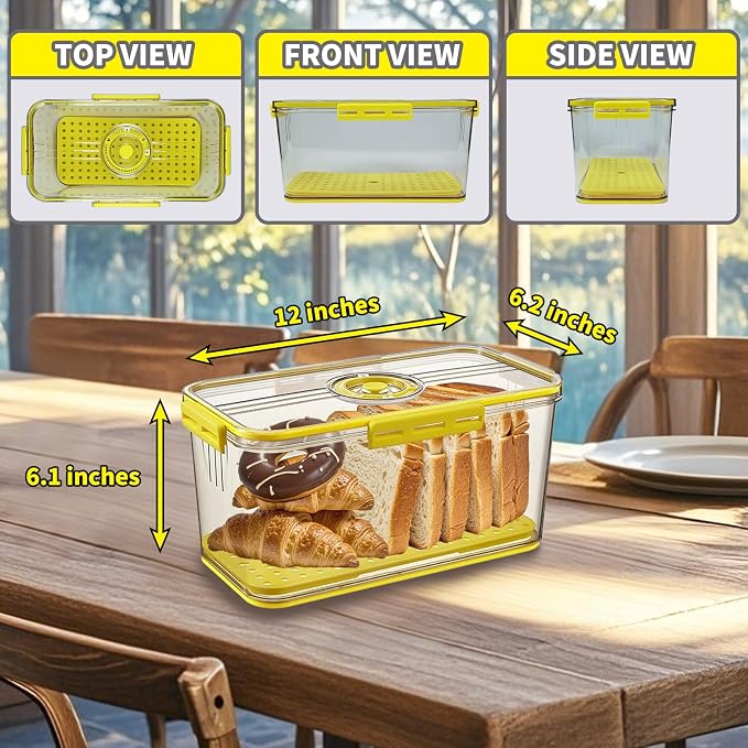 Airtight Bread Box for Kitchen Countertop, Yellow, 2 PCS | Time Recording Dial, Multi-Use Food Storage, Container with Lid, Draining Tray, For Homemade Bread, Sourdough, Toast, Cookies