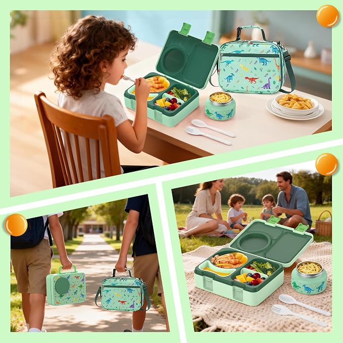 Bento Box for Kids, Leakproof Kids Lunch Box with 8.5OZ Thermo Food Jar & Lunch Bag, 3-4 Compartments Toddler Insulated Lunch Box for Boys, BPA Free Lunch Containers for School Daycare