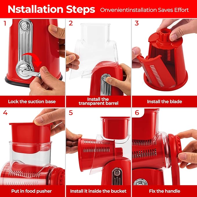 SUSTEAS Rotary Cheese Grater 5 Blades,Kitchen Mandoline Vegetable Slicer | Red, Easy to Clean, Strong Suction Base, 5 Blades Storage Box, Round Mandoline Slicer & Food Chopper for Salad