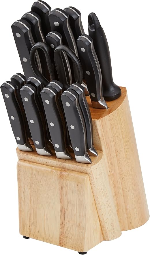 Amazon Basics 18-Piece Premium High-Carbon Stainless Steel Kitchen Knife Set with Built-in Sharpener, Ergonomic Handles, Pine Wood Block, Black