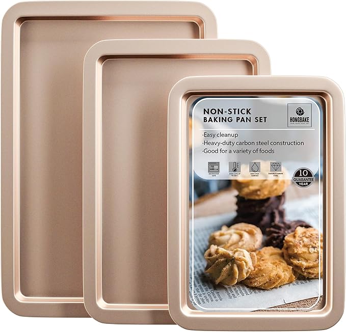 Cookie Sheets, Baking Sheet Set, Nonstick Oven Pan with Wider Grips, 3 Pack Half/Jelly Roll/Quarter Baking Tray, Premium & Dishwasher Safe