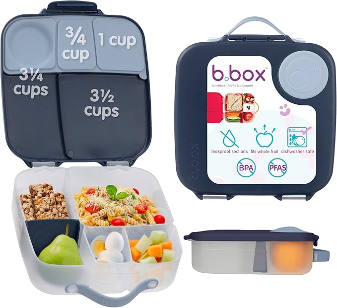 b.box Lunch Box, 8.5 Cup Bento Box for All Ages, Snack Box, Food Containers | Lunch Box Kids + Adults, Lunch Containers, 4 Compartments, Leak Proof, Dishwasher Safe, BPA Free, PFAS Free — Midnight