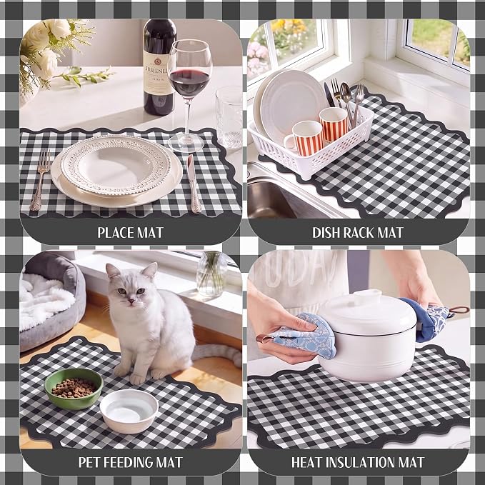 Black and White Scalloped Gingham Coffee Mat 12" x 20" | Absorbent Bar Mat Gingham Espresso Matt with Non Slip Rubber Backing for Coffee Countertops