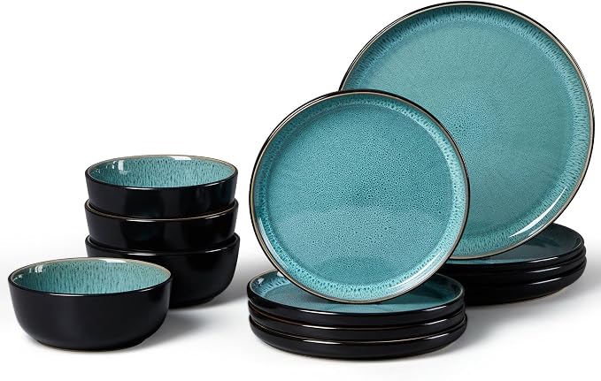 LIANYU Ceramic Dinnerware Sets for 4, 12 Piece Dishes Set, Pastel Turquoise | Stoneware Plates and Bowls, Scratch Resistant Round Kitchen, Dishwasher and Microwave Safe Dinning Ware Set
