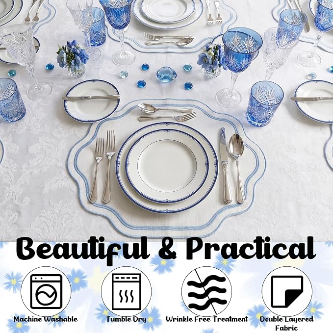 6Pcs Blue Cotton Wedding Placemats Scalloped Embroidered Placemats 17" x 13" Double Layered Machine Washable Table Place Mat for Party Table Decor