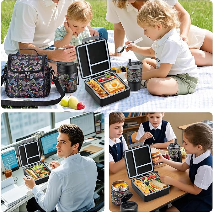Bento Lunch Box for Kids with 17oz Soup Thermo,Insulated Tumbler Water Bottle and Insulated Lunch Bag,Leak-Proof 3 Compartment Lunch Food Container with Ice Pack for Kids to School-Game Console