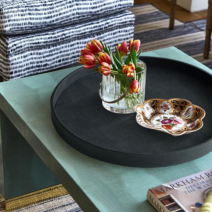 HofferRuffer Large Round Serving Tray 24'', Elegant Faux Leather Circle Ottoman Table Tray, Serve Tea Coffee Breakfast in Bedroom Living Room Kitchen (Classic Black)