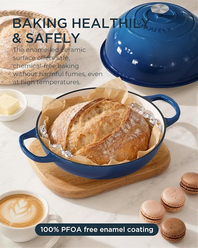 Enameled Cast Iron Bread Oven, 6QT Cast Iron Dutch Oven for Homemade Sourdough Bread Baking, Round Bread Pot with Dome Lid & Cotton Potholders, Navy Blue