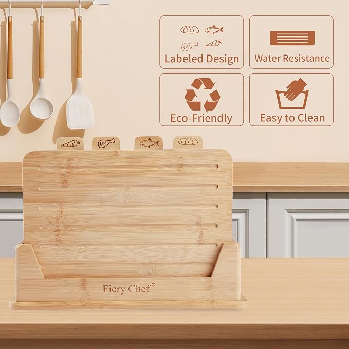 4 Piece Bamboo Cutting Boards with Food Icons & Stand, 12.6"L x 9"W | Thick & Durable, Deep Juice Groove, Non Toxic Real Wood, knife-friendly, Chopping Boards Set of 4 with Sturdy Holder