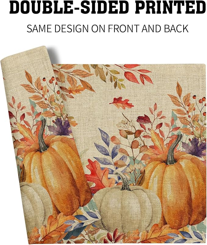 Fall Thanksgiving Placemats Set of 6 18x12 Inch Autumn Pumpkins Maple Leaves Linen Place Mats Heat-Resistant Washable Wipeable Table Mat for Party Kitchen Dining Room Dinner Table Decor