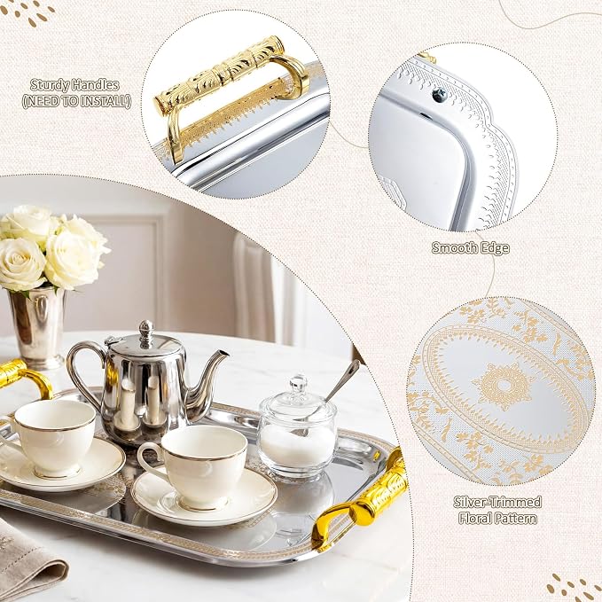 3 Pack Metal Serving Trays with Handles, Decorative Floral Platter Trays for Coffee Tea, Food, Dessert, Jewelry, for Buffet Wedding Party Kitchen Home Decor (Rectangle,Silver, Gold)