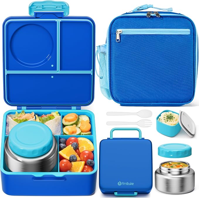 Fimibuke 60oz Kids Bento lunch Box with Insulated Lunch Bag & 8.5oz Thermo | Leakproof 3-4 Compartment Toddler Kids Lunch Box Food Container w/ Utensils, Sauce Cup for School Boys Girls, Dishwasher Safe