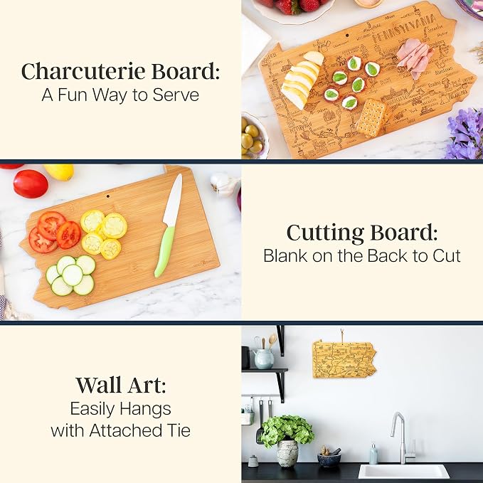 Totally Bamboo Destination Pennsylvania State Shaped Cutting Board | State charcuterie serving board with engraved map artwork. Smooth reverse side for food prep. Hang tie for wall display.