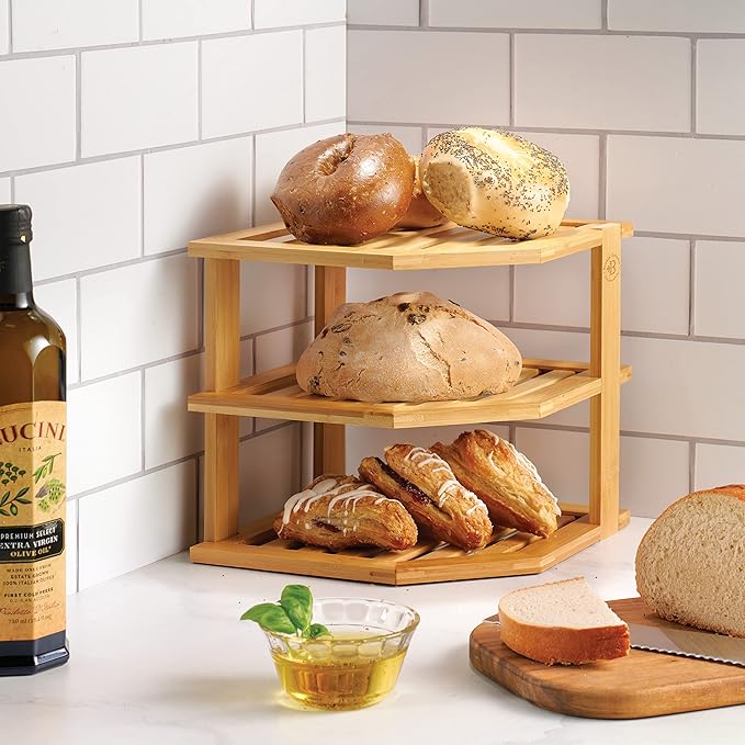 Bambüsi Plate Organizer for Cabinet, Corner Shelf Kitchen Organizer, Bamboo | 3-Tier Countertop Rack, Space-Saving Corner Organizer, Holds Plates Bowls Mugs Cups, Dish Storage Organization, Easy Assembly