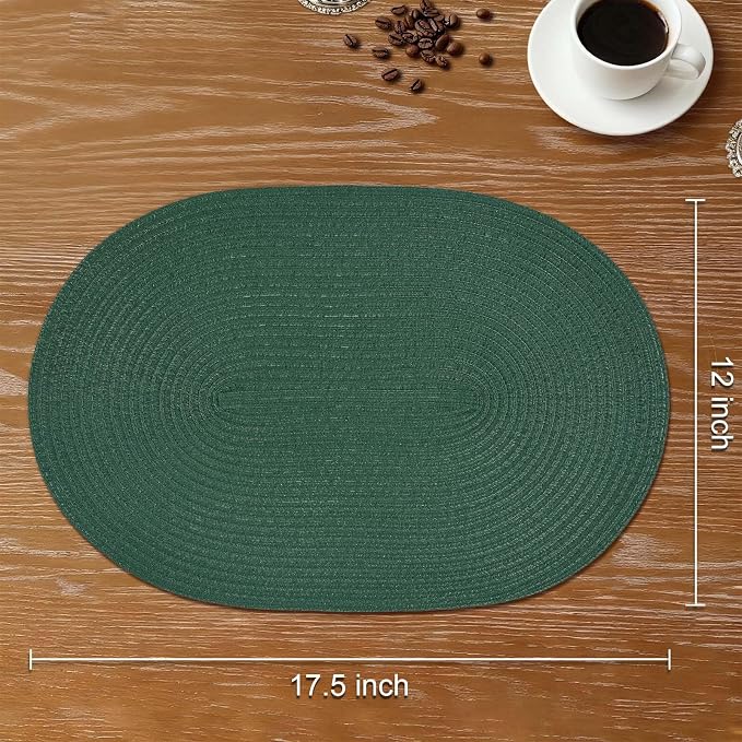 Placemats Set of 8, Woven Oval Braided Dining Table Mats(Sage Green) | 12 x 17.5 Inch Size Fits Plates and Flatware; Hand Washable and Heat Resistant for Kitchen Use, with Farmhouse and Boho Style