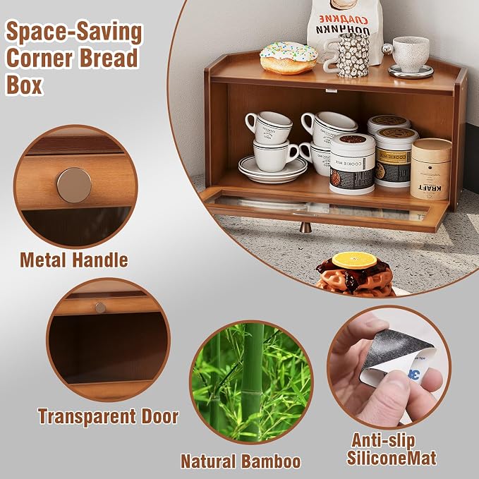 Trironsun Corner Bamboo Bread Box for Kitchen Counter Large Rustic Bread Storage Container with Acrylic Door Space-Saving Vintage Bread Keeper for Homemade Bread (Brown)