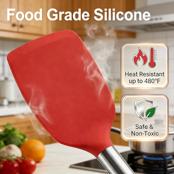 Vayvnt 4 Pieces Kitchen Spatula Set, Heat Resistant Silicone Utensils, Red | Large Size Kitchen Tools, For Nonstick Cookware, Spoons and Turners, Stainless Steel Handle, Easy Cleaning, Dishwasher Safe