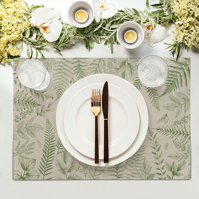 Green Plants Wild Fern Table Mats for Kitchen Set of 4,Green Leaves Botanical Washable Heat-Resistant Linen Fabric Desk Mats 12x18 Inch for Seasonal Home Party Dining Decor