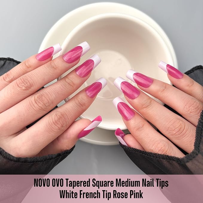 NOVO OVO White French Tip Square Nail Tips Press on ROSE PINK, Extra Thick Medium Soft Gel Fake Nail Acrylic Extension, Need Builder Gel Top Coat, No Glue Included, for Salon DIY x 15 Sizes 240 pcs