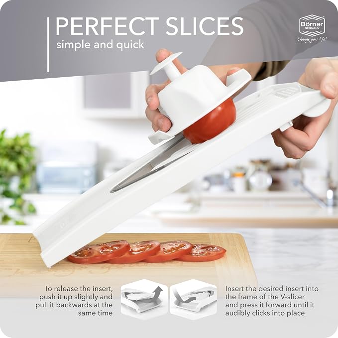 Borner Mandoline Food Slicer V1 (Basic Set) by Reston Lloyd • V-Slicer with Food Holder • Made in Germany • Fruit & Vegetable Chopper • Multiple Settings • Color: White