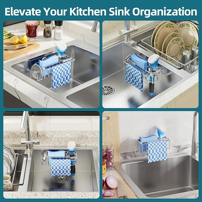 TAILI 4-in-1 Sink Caddy for Kitchen Sink with Strong Suction Cup-Silver | Removable Sponge Holder for Kitchen Sink Organizer, Rustproof 304 Stainless Steel Holder for Sponge, Brush, Scrubber, Scraper
