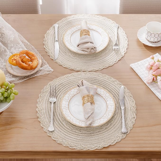 SHACOS 15 inch Round Braided Placemats Set of 12 for Dining Table Woven Boho Place Mats Kitchen Placemat Washable Table Mats, Ivory Bordered