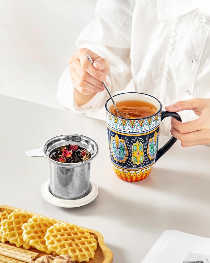 vancasso 18 Oz Tea Infuser Mug with Lid, Forest Daisy Drift | Eye-Catching Bohemian Pattern, Adds Charm to Any Tea Corner, Ceramic Mug with Infuser, Microwave and Dishwasher Safe