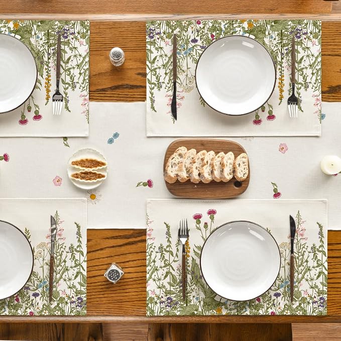 Artoid Mode Antique Herbs and Wild Flowers Summer Placemats Set of 4, 12x18 Inch Seasonal Wildflower Spring Table Mats for Party Kitchen Dining Decoration