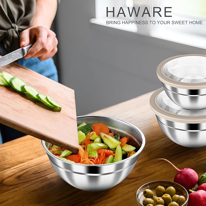 HaWare Mixing Bowls with Clear Airtight Lids, Stainless Steel Nesting Bowls | 6-Piece Metal Salad Bowl for Cooking, Prepping, Baking, Serving & Food Storage, Size 4.6, 3, 1.5QT, Khaki
