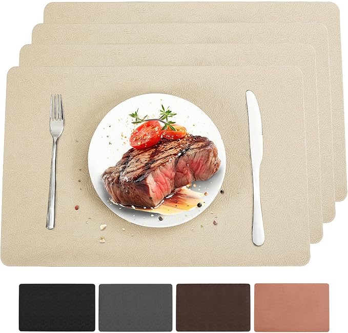 Beige Vinyl Placemats Set of 4 Waterproof Wipeable Table Mats | Heat Resistant Easy Clean Non-Slip Placemats Faux Leather Place Mats for Dining Table Washable PVC Table Mat