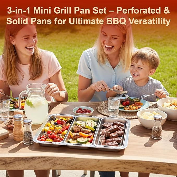 BBQ Vegetable Grill Basket Set, 4 Piece Stainless Steel Grill Pan Set with Universal Handle & lid, Dishwasher Safe, for Outdoor Cooking, Camping, Picnic, For Grilling Fish Veggies & Meats