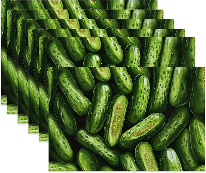 Table Placemats Set of 6,Green Cucumber Cloth Placemats,Vegetable Food Theme Heat-Resistant Table Mats for Kitchen Dining Room Decoration,Non-Slip Fabric Place Mats 11.8x17.7 Inch