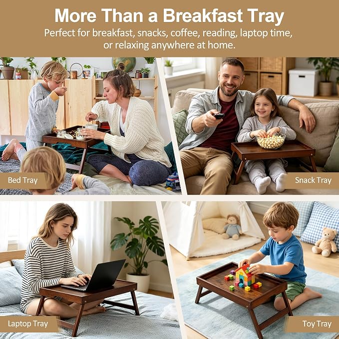 Bamboo Breakfast Trays with Folding Legs, Medium, 2-Pack, Vintage | Set of 2 bamboo bed trays with folding legs and wave handles for meals, laptops and serving in bed or on sofa.