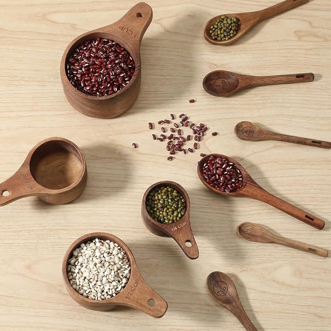 10-Piece Wooden Measuring Cups and Spoons Set, Handcrafted Acacia Wooden Measuring Cups - Solid Acacia Wood, Laser Engraved, Wood Rustic Kitchen Accessories for Baking, Cooking