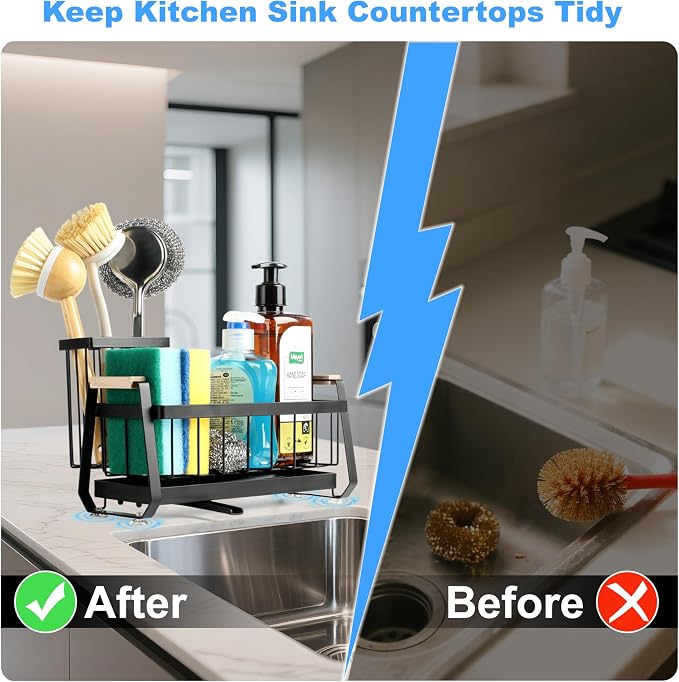 Sponge Holder for Kitchen Sink Caddy Organizer with Brush Holder | Stainless Steel Sponge Caddy with Suction Cup, Rustproof Kitchen Sink Organizer, Dish Soap Holder for Kitchen Countertop