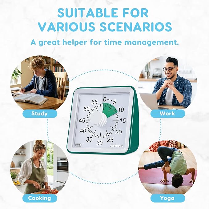 Secura Visual Timer for Kids, 60 Minute Classroom Countdown Timer for Study | Non-Ticking, Adjustable Alarm Volume/Duration, Low Power Reminder, Time Management Tool for ADHD (Dark Green & Dark Green)