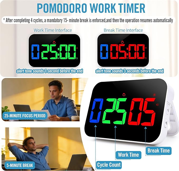 Digital Timer for Classroom, Pomodoro, Gym & Kitchen – Rechargeable Magnetic Countdown Timer, Large LED Display, Loud Alarm, 3 Volume Levels & 3 Brightness Settings