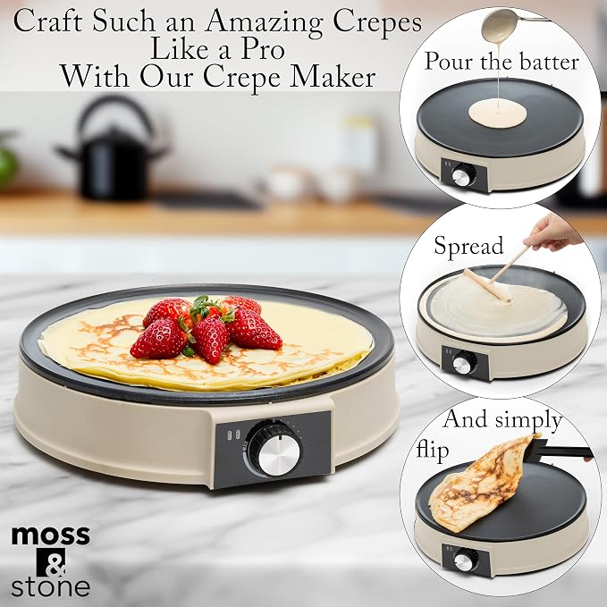 Moss & Stone 12” Electric Crepe Maker Machine, Griddle Nonstick Crepe Pan | Adjustable temperature, quick heat-up, even heating, non-slip feet, spreader & spatula included, for pancakes & tortillas