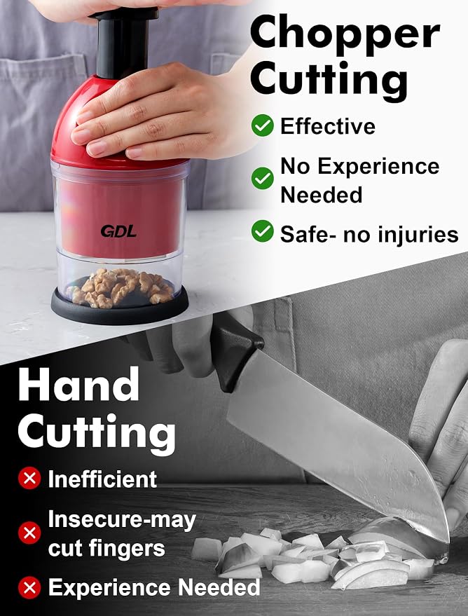 GDL Food Chopper, Manual Slap Vegetable Chopper Onion Dicer, Garlic Mincer | Hand Chopper for Onion Nut Pepper Celery Tomato, Easy & Safe Chopping, No BPA, Durable Stainless Steel Blade, Dishwasher Safe