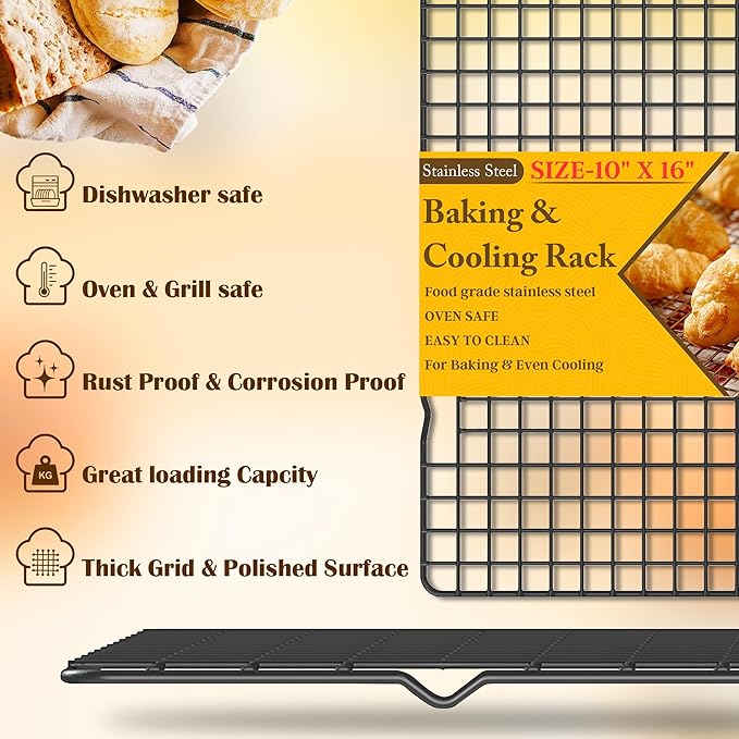 2PCS Cooling Racks for Cooking and Baking - 10" x 16"Heavy Duty Stainless Steel Wire Rack for Baking, Grilling, Roasting - Oven & Dishwasher Safe - Fits Half Sheet Pan（Black）