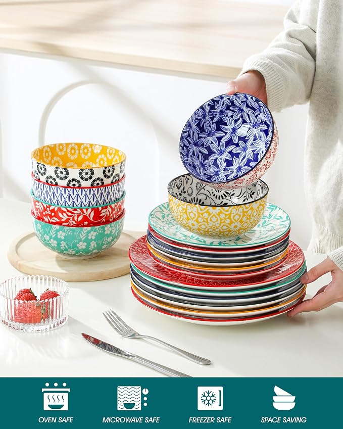 vancasso SELENE Plates and Bowls Set for 6, 18 Pieces Dinnerware Sets, Mircowave and Dishwasher Safe Dishes Set, Porcelain Muted Dinnerware