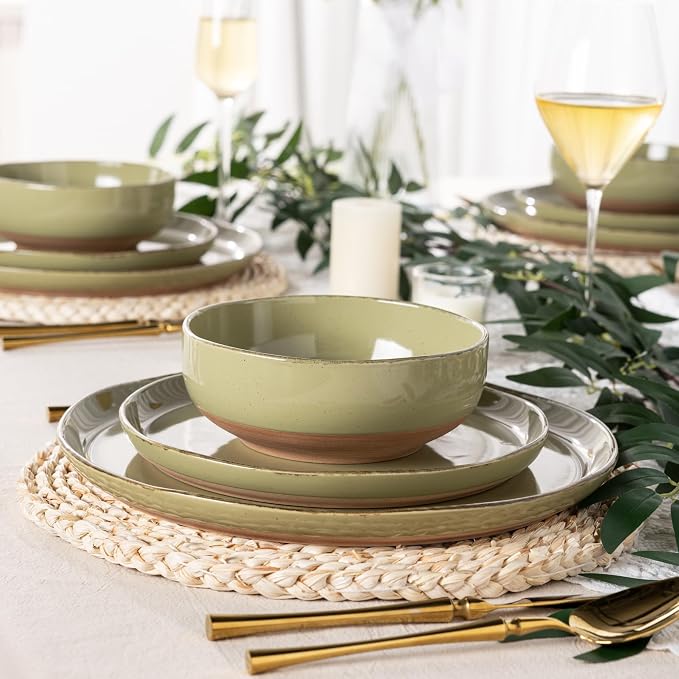 AmorArc Dinnerware Sets for 4, 12 Pieces Ceramic Plates and Bowls Set | Scratch Resistant Stoneware Dishes Set, Dishwasher & Microwave Safe,Olive Green