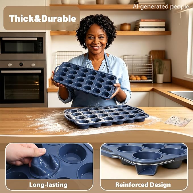 2 Pack Mini Silicone Muffin Pan with Frame, Non Stick Cupcake Baking | Silicone Cupcake Pan with Handles 24 Cup, BPA Free Silicon Muffin Tin Tray Small for Baking, Egg Bites, Cupcake Mold Grey