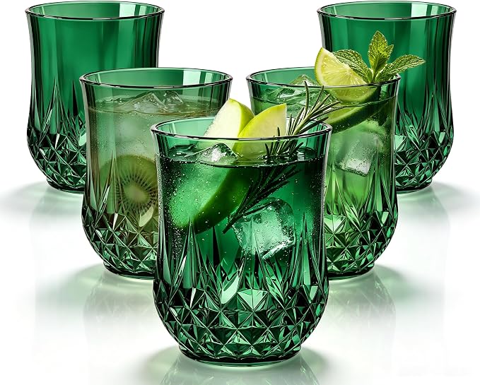 24 Pack 12 Oz Plastic Stemless Wine Glasses, Dark Green | Unbreakable, Reusable, Elegant Vintage Design, Fancy Cocktail Cups, Whiskey, Champagne, Wedding, Party, Bars, Holiday Events