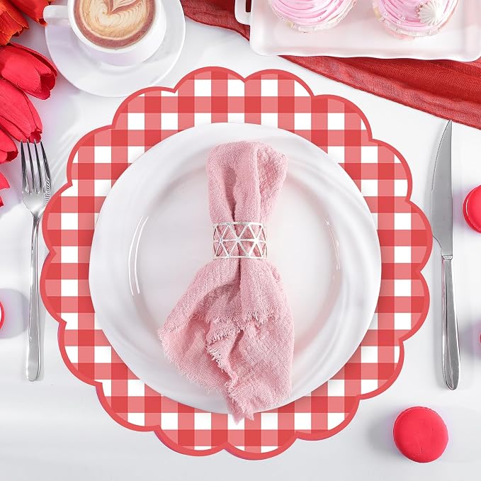 60 Pcs Red and White Gingham Paper Placemats, Scalloped Checkered Place Mat | 13.5 Inch Disposable Picnic Placemats Decorative Paper for Table Setting BBQ Baby Shower Wedding Bridal Banquet Tea Party