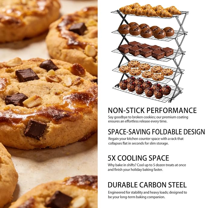 5-Tier Stackable Cooling Rack for Baking, Collapsible Wire Cookie Rack with Adjustable Heights, Non-Stick Roasting & Drying Rack for Cupcakes, Pies and Pastries, Space-Saving Kitchen Essential