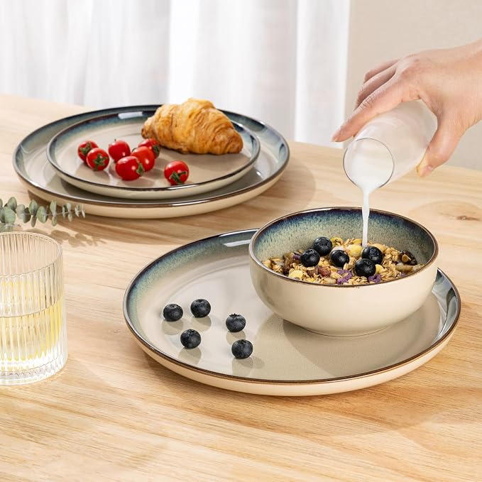 GBHOME Dinnerware Sets for 4, 12 Pieces Ceramic Plates and Bowls Set | Scratch Resistant Stoneware Dishes Set, Dishwasher & Microwave Safe, Reactive Glaze-Pale Khaki